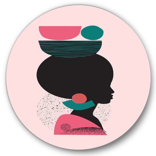 Designart - Ethnic Geometric Silhouette of Afro American II - Modern Metal Circle Wall Art